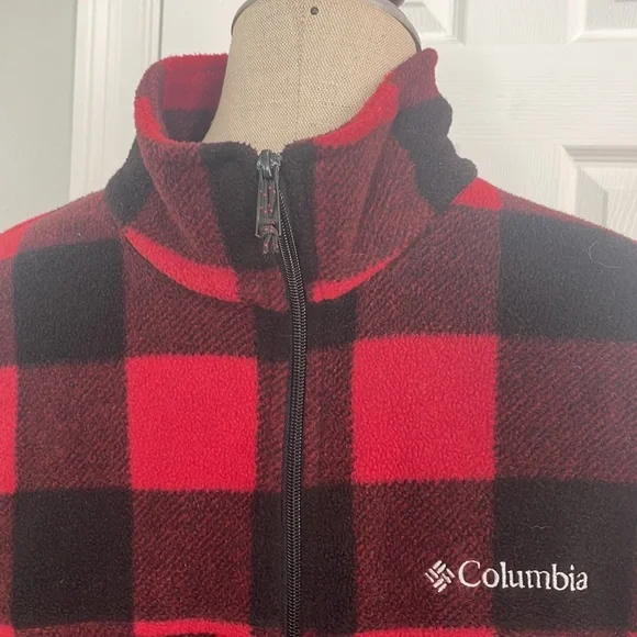 Columbia jacket fleece full zipper pockets Red Black plaid men’s size L large